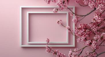 White Frame With Pink Cherry Blossoms On Pink Wall photo
