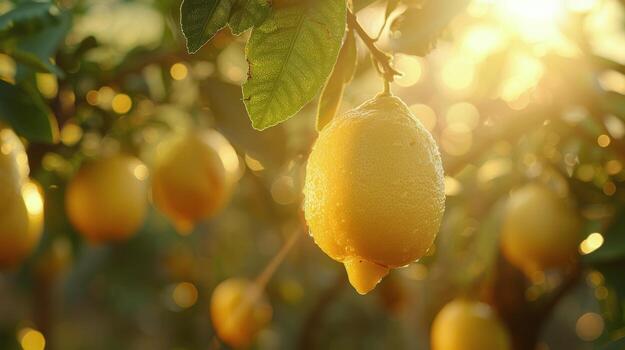 Ripe Lemon Hanging on Branch in Citrus Orchard at Sunset photo