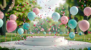 Colorful Balloons and Confetti Falling on White Platform in Green Park on Sunny Day photo