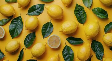 Fresh Yellow Lemons and Green Leaves on a Yellow Background photo
