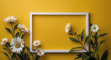 White Daisies and a White Frame Against a Yellow Background photo