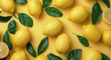 Fresh Yellow Lemons and Green Leaves on a Yellow Background photo