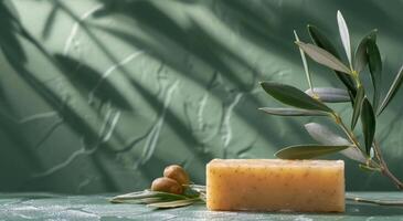 Natural Handmade Olive Oil Soap Bar With Green Leaves on a Rustic Tabletop photo