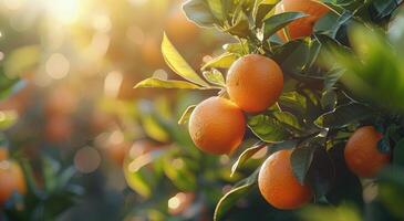 Ripe Oranges Hanging On A Branch In An Orange Grove At Sunset photo
