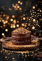 Two Chocolate Cakes With Gold Accents on Rustic Table With Twinkle Lights photo