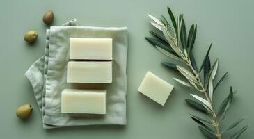Stacked Olive Oil Soap Bars With Olive Branch and Towel on Green Background photo