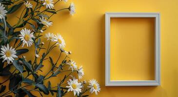 White Daisies and a White Frame Against a Yellow Background photo