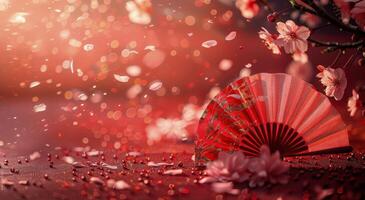 Red Fan and Cherry Blossoms in a Festive Setting photo