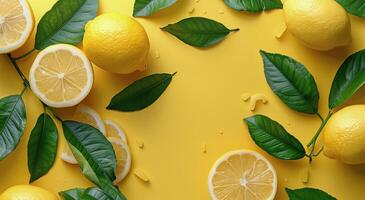 Fresh Lemons and Green Leaves on Yellow Background photo