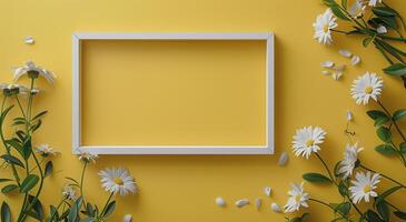 White Daisies and a White Frame Against a Yellow Background photo