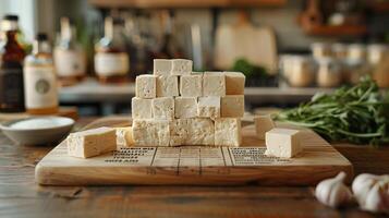 Freshly Cut Cubes of White Cheese on a Wooden Cutting Board photo