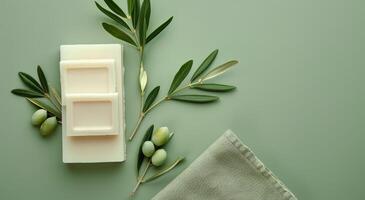 Stacked Olive Oil Soap Bars With Olive Branch and Towel on Green Background photo