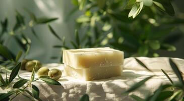 Natural Soap Bars Resting on White Fabric With Olive Branches photo
