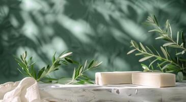 Natural Soap Bars Resting on White Fabric With Olive Branches photo