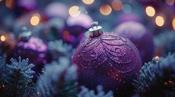 Purple Christmas Ornaments With Sparkling Glitter and Warm Lights photo