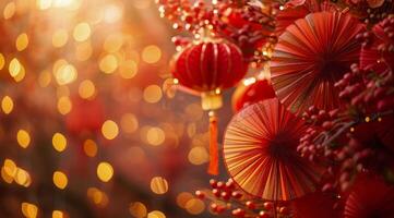 Red Paper Fans and Ornaments Decorate a Christmas Tree With Warm Bokeh Lights photo