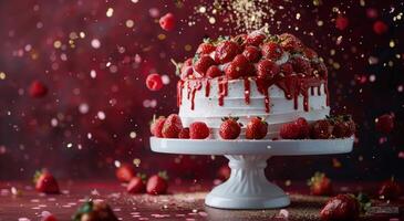 Strawberry Cake With Confetti and Sprinkles Falling photo