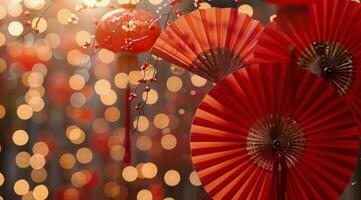 Red Paper Fans and Ornaments Decorate a Christmas Tree With Warm Bokeh Lights photo