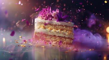 A Small Purple Flower-Topped Cake With Golden Flakes and Falling Petals photo