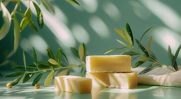 Natural Soap Bars Resting on White Fabric With Olive Branches photo