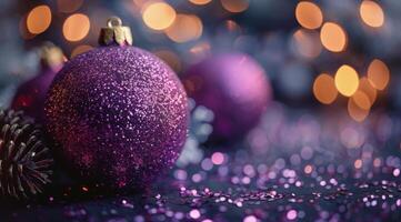 Purple Christmas Ornaments With Sparkling Glitter and Warm Lights photo