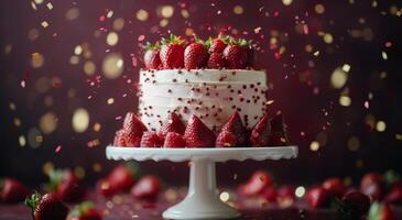 Strawberry Cake With Confetti and Sprinkles Falling photo
