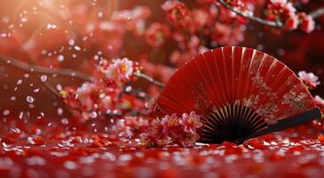 Red Fan and Cherry Blossoms in a Festive Setting photo