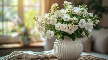 White Hydrangea Bouquet In A Striped Vase On A Table In A Modern Home photo