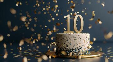 White Cake With Gold Number Ten and Confetti on Blue Background photo