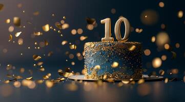 White Cake With Gold Number Ten and Confetti on Blue Background photo