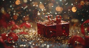 Red Gift Box Surrounded By Falling Gold Confetti photo