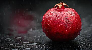 Red Pomegranate Covered In Raindrops On A Black Surface photo