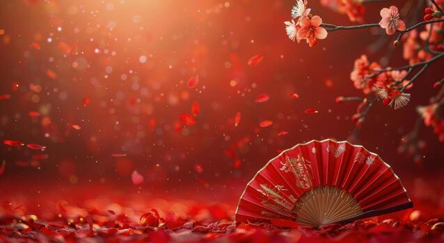 Red Fan and Cherry Blossoms in a Festive Setting photo