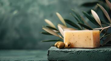 Natural Handmade Olive Oil Soap Bar With Green Leaves on a Rustic Tabletop photo