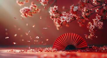 Red Fan and Cherry Blossoms in a Festive Setting photo