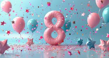 Pink Balloon and Silver Number Eight on Blue Background With Confetti Stars photo