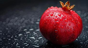 Red Pomegranate Covered In Raindrops On A Black Surface photo