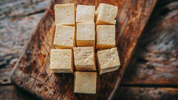 Freshly Cut Cubes of White Cheese on a Wooden Cutting Board photo