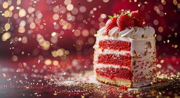 Red Velvet Strawberry Cake With Golden Confetti and Drizzle photo
