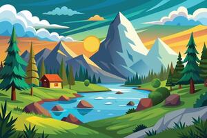 A beautiful mountain scene with a winding river, lush trees, and a cozy cabin at the base of a towering peak, with the setting sun casting a warm glow. vector