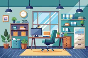 A cartoon illustration of a home office with a computer desk, a chair, a window, and shelves with books and files. vector
