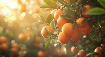 Ripe Oranges Hanging On A Branch In An Orange Grove At Sunset photo