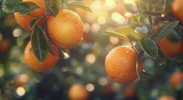 Ripe Oranges Hanging On A Branch In An Orange Grove At Sunset photo