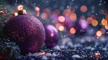 Purple Christmas Ornaments With Sparkling Glitter and Warm Lights photo