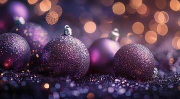Purple Christmas Ornaments With Sparkling Glitter and Warm Lights photo