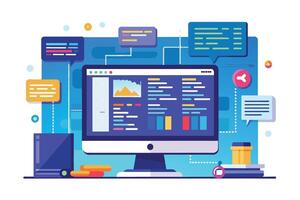 Illustration of a modern desktop computer with an open application displaying data and code. It shows a colorful, flat design style with a blue background. vector