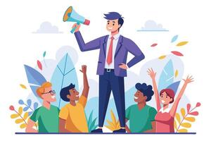 A man in a suit stands in a park holding a megaphone, addressing a diverse group of people who are listening intently and enthusiastically. vector