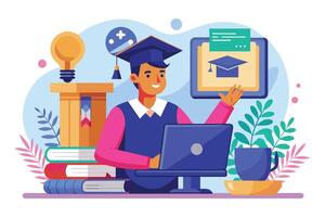 Grad student in cap and gown smiles while using a laptop among books and a graduation cap display, symbolizing ongoing studies. vector