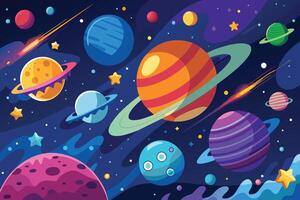 A vibrant cartoon illustration of colorful planets in outer space, with stars, comets, and a few rings around some of the planets. vector