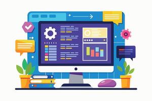 A cartoon-style illustration of a desktop computer displaying analytics data and charts, with a mouse, books, and potted plants on a white desk. vector